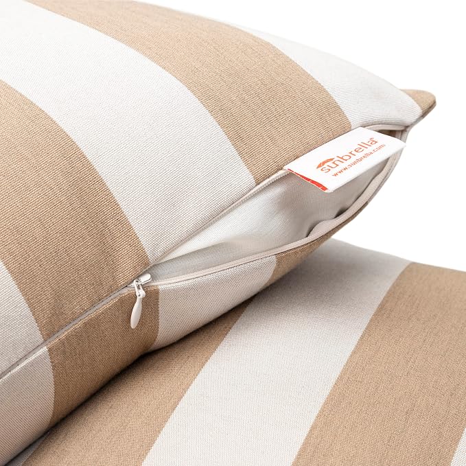Sunbrella Maxim Heather Beige - Cabana Stripe, Zippered & Reversible 18-inch x 18-inch Pillow Cover ONLY (Set of 2) Indoor/Outdoor Easy Clean Fill Sold Seperately