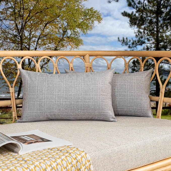 Kevin Textile Outdoor Waterproof 12”x20” Lumbar Pillow Covers 2 Pack, Grey | Water Resistant, Soft Faux Linen-cotton Yarn-dyed Woven Texture Throw Pillow Covers for Tent Patio Garden Couch Sofa
