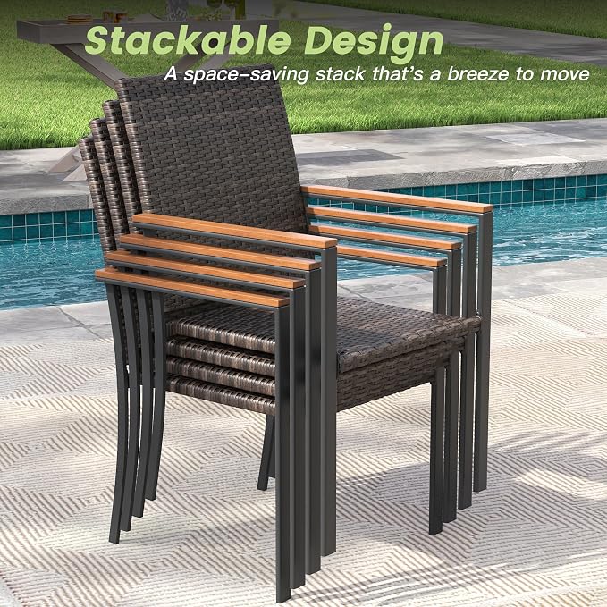 Patio Dining Set for 4, 40.2" Square Metal Table with Umbrella Hole and Stackable Wicker Patio Chairs, Outdoor Furniture Set for Deck Backyard Garden, Walnut Chairs, Black Table