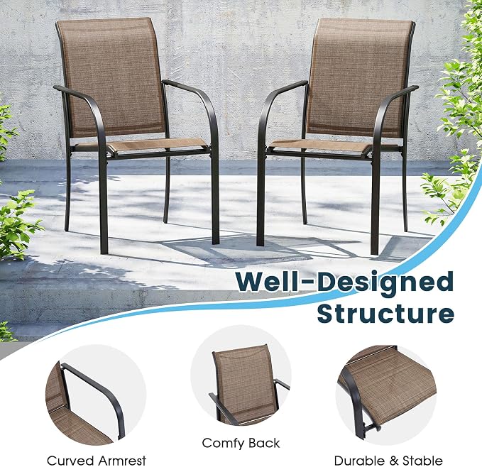7 Pieces Patio Dining Set, 50" Round Dining Table with Umbrella Hole, 6 Stackable Textilene Fabric Chairs, Metal Structure for Patio, Porch, Garden(Walnut Table, Brown Chair)