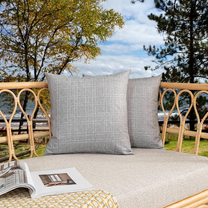 Kevin Textile Outdoor Waterproof 26”x26” Pillow Covers 2 Pack, Grey | Water Resistant, Soft Faux Linen-cotton Yarn-dyed Woven Texture Throw Pillow Covers for Tent Patio Garden Couch Sofa