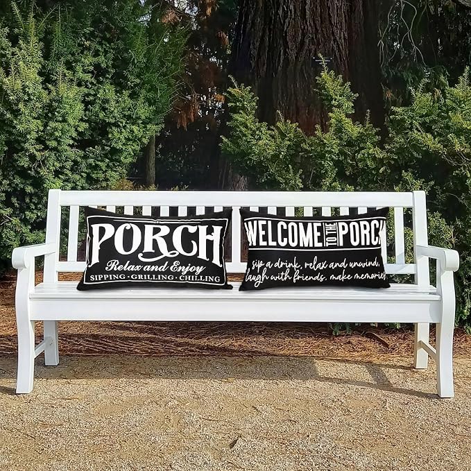 Welcome Porch Outdoor Pillow Covers 12x20 Inch Waterproof Black Decorative Throw Pillows for Patio Furniture Garden Cushion Case Bench Decor