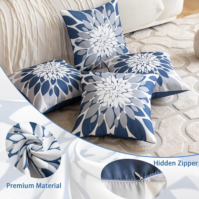 Pack of 4 Outdoor Waterproof Pillow Covers 18x18 Decorative Outdoor Throw Pillows Garden Square Cases for Patio Furniture, Couch, Tent Sunbrella, Bench, Blue Grey