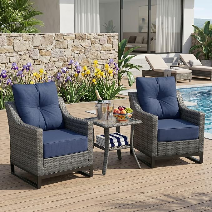 3 Pack Patio Furniture Set with 6" Thick Cushions, Dienspeak Rattan Wicker Patio Set with Two Outdoor Chairs and Table, High Back Rattan Chair with Comfy Cushions for for Porch, Garden Poolside Balcon