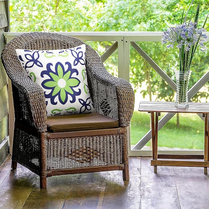 Pyonic Waterproof Outdoor Pillow Covers 20x20 inch | Floral Printed Farmhouse Boho Outdoor Decorative Pillowcase for Patio Funiture Garden, Navy Blue and Green