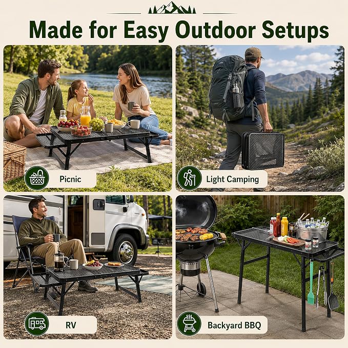 2.5 FT Picnic Table with 2 Wing Panels, Mesh Metal Folding Grill Table Height Adjustable & Lightweight & Portable Table for Outdoor Indoor Camping, Picnic, Beach and BBQ, RV