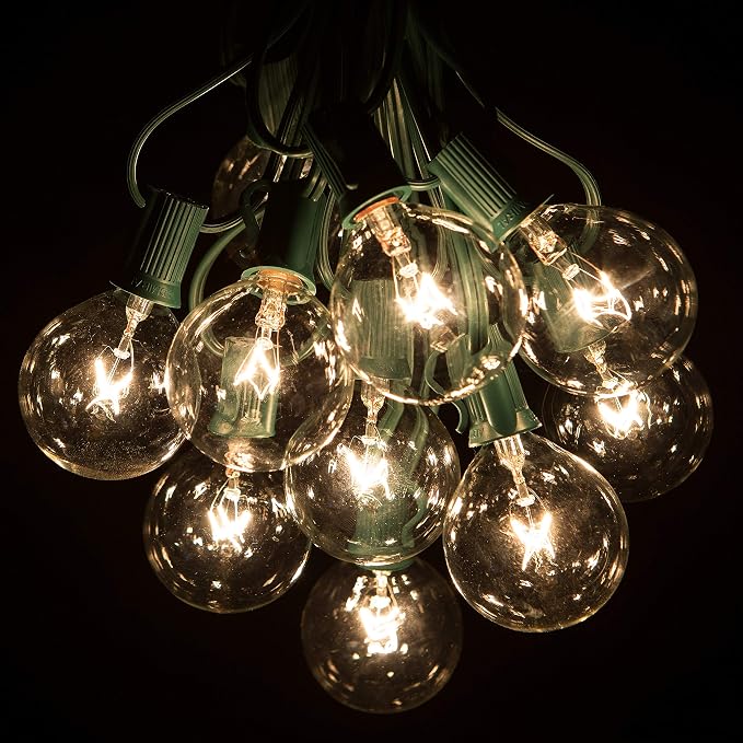 G50 Clear 2 Inch Light Bulbs with C7 Stringer 18 Gauge (Green Wire, 50')