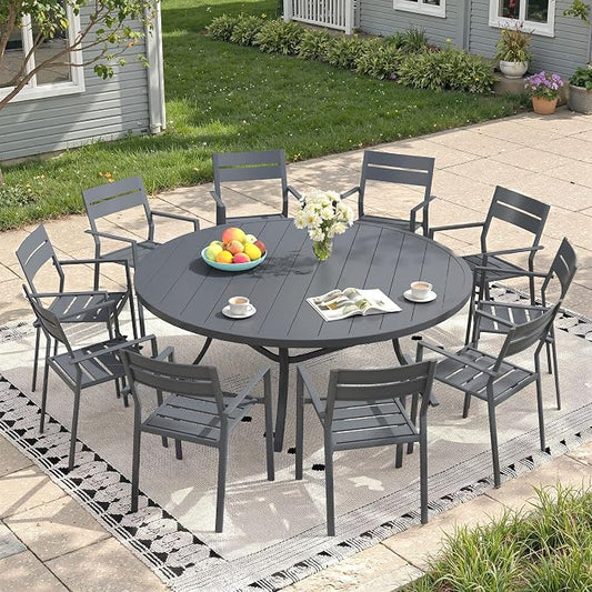 Patio Dining Set for 10, Round 63" Outdoor Dining Table and Chairs Set with Stackable Patio Chairs Outdoor Furniture for Garden Deck Backyard, Dark Grey Table and Grey Chairs