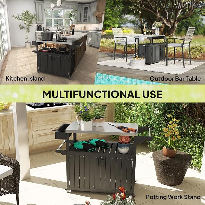 Outsunny Outdoor Bar Cart with Storage Cabinet, Stainless Steel Top Kitchen Island on Wheels, HDPE Outdoor Bar Table, Movable Patio Beverage Food Prep Table for BBQ Picnic, Black