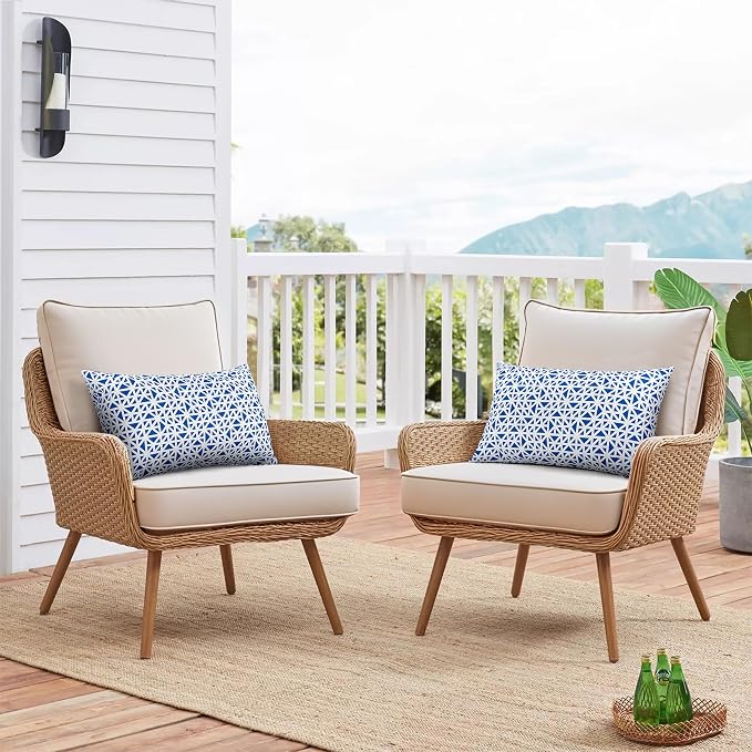 Outdoor Lumbar Pillow Covers 12x20 Inch, Pack of 2, Blue Geometric, Waterproof, Perfect for Patio Furniture, Tent, Garden, Cover ONLY