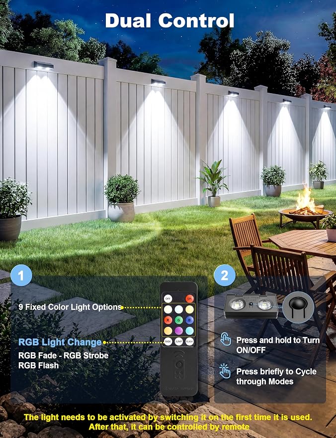 JOFIOS Fence Lights Solar Powered with Remote 12 Pack, Warm White, Cool White and RGB Color Glow LED Solar Lights Outdoor, Dusk to Dawn Solar Fence Lights for Patio, Backyard, Railing, Deck, and Wall