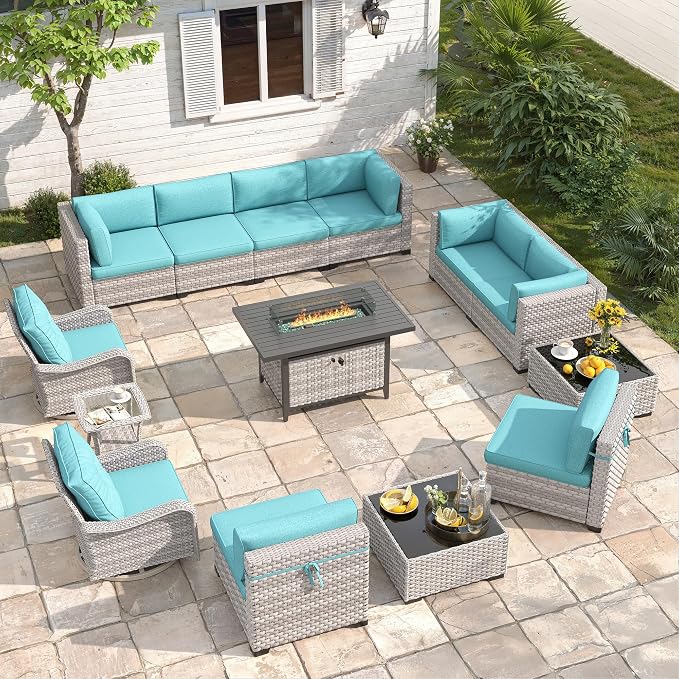 10-Seat Outdoor Wicker Patio Furniture Set with Fire Pit Table, Modular Rattan Sectional Sofa & 2 Swivel Rocking Chairs, 4" Thick Cushions, Rust-Resistant Frame,Blue