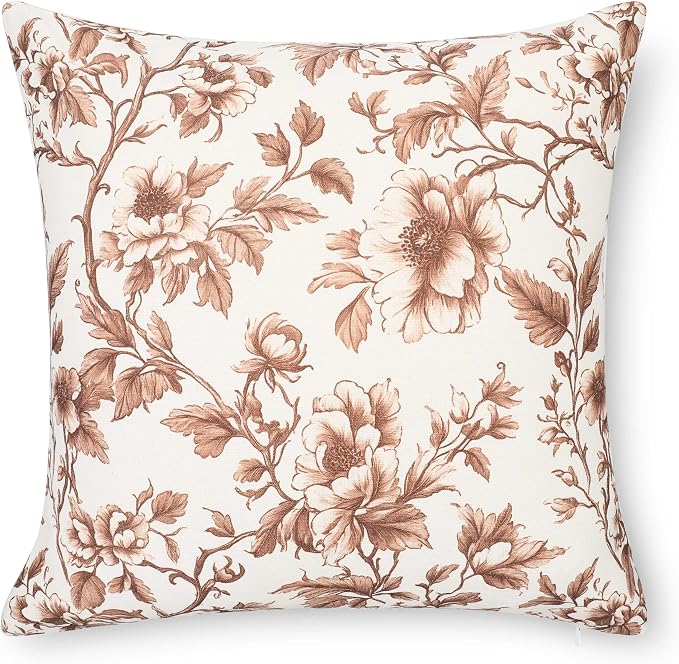 Modern Farmhouse California Casual Indoor Outdoor Throw Pillow Cover, 20"x20" Water Repellent for Patio, Backyard, Couch, Poolside, Cocoa Brown Print Vintage Chinoiserie Floral
