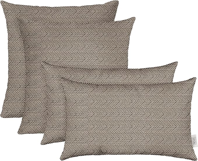 RSH DECOR: Sunbrella Lumbar & Square Pillows Set of 4 | 20" x 12" & 17" x 17" | Water and Fade-Resistant Fabric | Outdoor Throw Pillows for Patio Furniture | Made in USA (Aviva Cumin Herringbone)