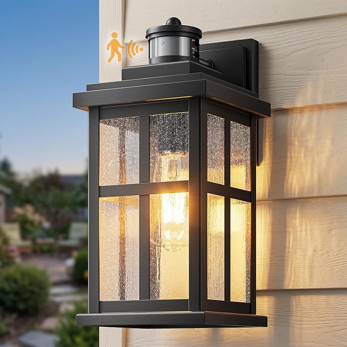 VIANIS Large Motion Sensor Porch Lights Outdoor, Moden Black Dusk to Dawn Exterior Lighting Fixtures Wall Mount for House, Anti-Rust Waterproof Outdoor Sconce Lights for Garage, Coach, Front Door