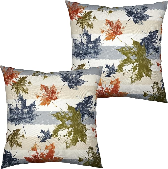 Thanksgiving Autunm Pillow Cover Fall Leaves Throw Pillow Covers 24x24 Maple Leaf Decor Pillow Case Blue Beige White Stripes Pillowcase for Living Room Couch Outdoor Set of 2