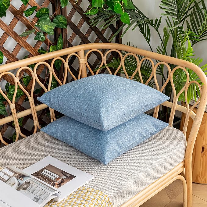 Kevin Textile Outdoor Waterproof 26”x26” Pillow Covers 2 Pack, Light Blue | Water Resistant, Soft Faux Linen-cotton Yarn-dyed Woven Texture Throw Pillow Covers for Tent Patio Garden Couch Sofa