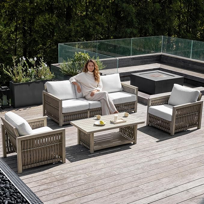 4 Pieces Patio Furniture Set, Outdoor Patio Couch Sofa with Coffee Table, Rope Weave & Aluminum Frame, All-Weather Garden Outdoor Contemporary Sofa with Cushion for Porch Yard Deck, Gray Oak