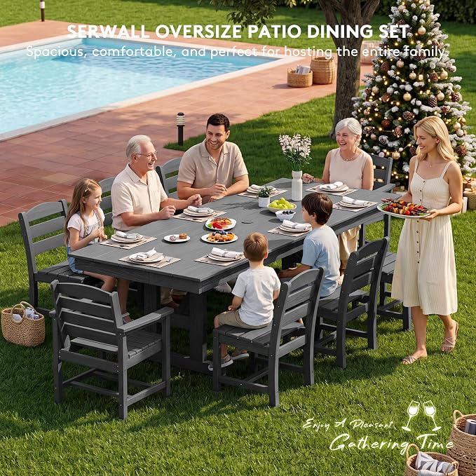 SERWALL 9 Piece Outdoor Dining Set, 84" HDPE Outdoor Table with 6 Armless Chairs and 2 Armchairs ，All Weather Patio Dining Furniture Set with Umbrella Hole for Backyard, Garden, Black