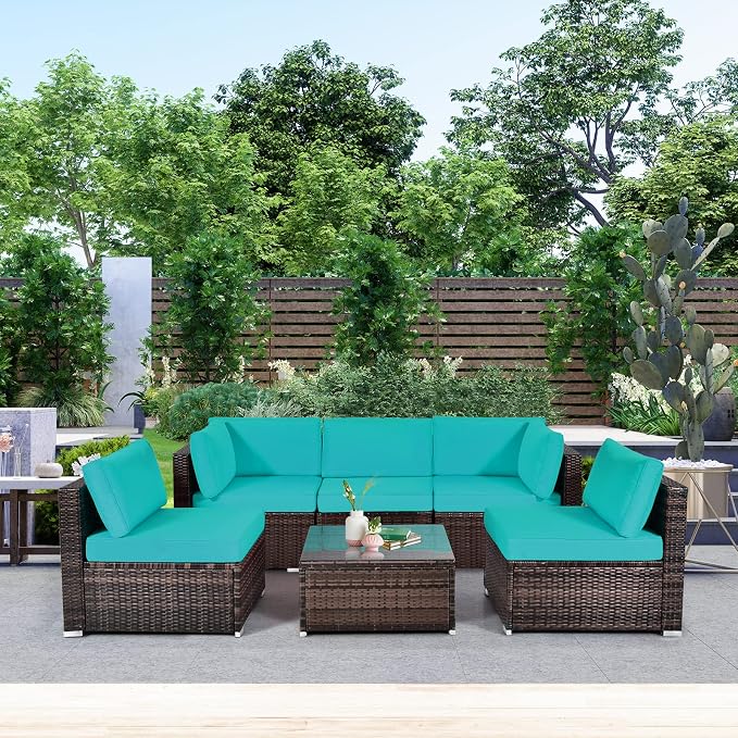 HAPPYGRILL 6 Pieces Outdoor Patio Furniture Set, PE Rattan Conversation Set with Tempered Glass Coffee Table and Cozy Cushions, Weather Resistant Sectional Sofa Set, Turquoise