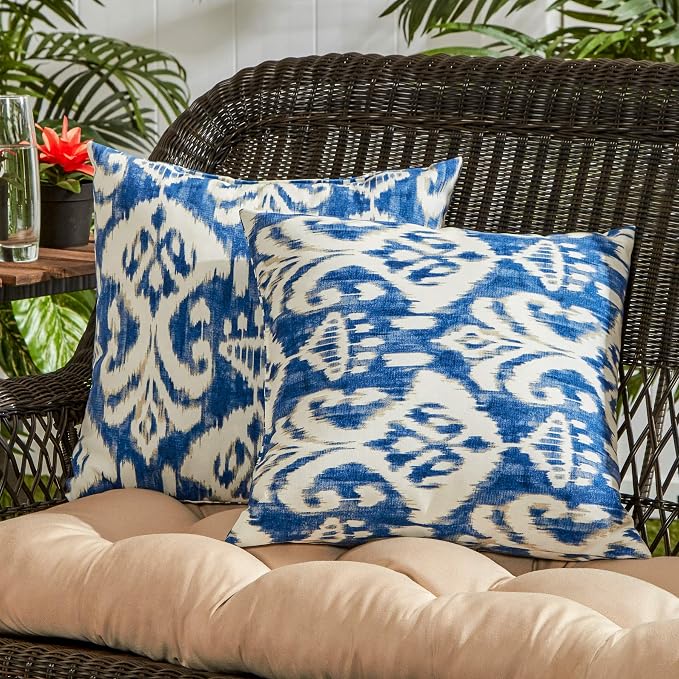 South Pine Porch Outdoor 17-inch Square Accent Pillow, Set of 2, Azule Ikat