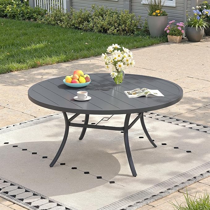 Outdoor Dining Table for 6, 50" Round Outdoor Table with Adjustable Umbrella Hole, All-Weather Metal Patio Dining Table for Lawn Garden Backyard Deck, Dark Grey