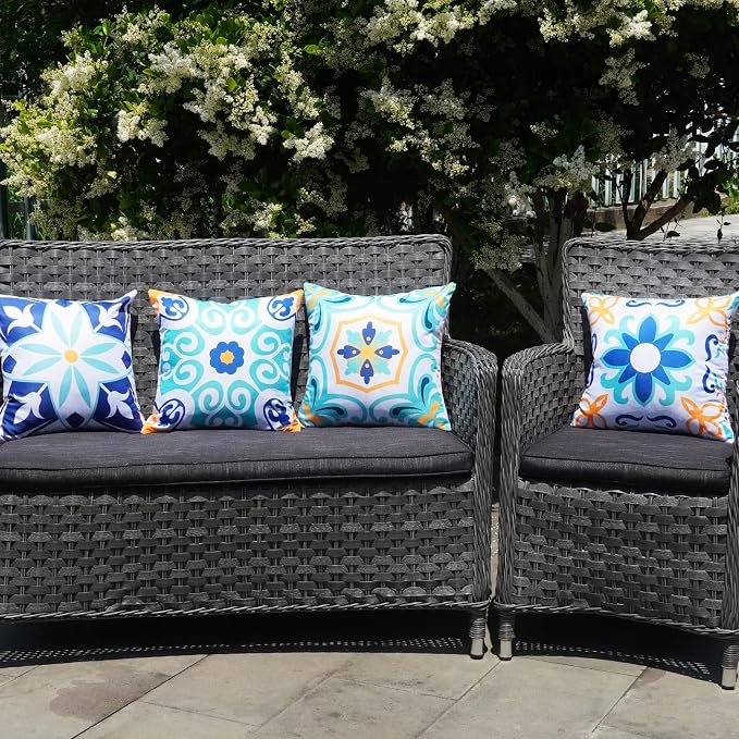 ONWAY Outdoor Boho Pillow Covers Waterproof 16x16 Set of 4 Floral Farmhouse Decorative Outdoor Throw Pillows for Bench Couch Patio Furniture Decorations