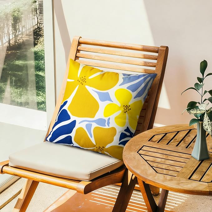 Outdoor Pillow Covers 18x18 Inch, Water-Resistant Decorative Pillow Covers Pack of 2, Floral Throw Pillow Case for Patio Furniture Tent Garden, Yellow Blue Floral, Cover ONLY