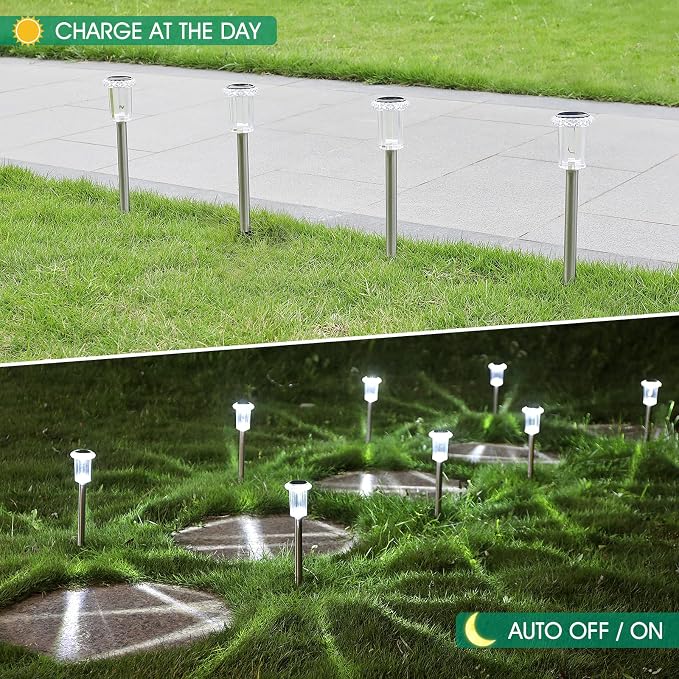 Eyrosa Solar Lights Outdoor, 15 Pack Waterproof Stainless Steel Solar Stake Lights for Pathway Garden Yard Path Walkway Driveway Lawn Patio Outside Decor, Cool White
