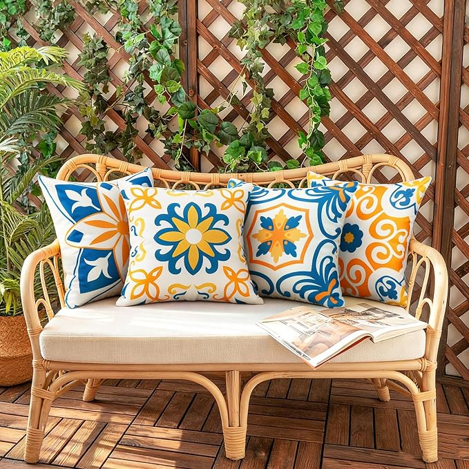 Pyonic Outdoor Waterproof Throw Pillow Covers for Patio Furniture Decorative Boho Pillow Covers 20x20 Floral Printed for Patio Tent Couch Garden Set of 4,Yellow