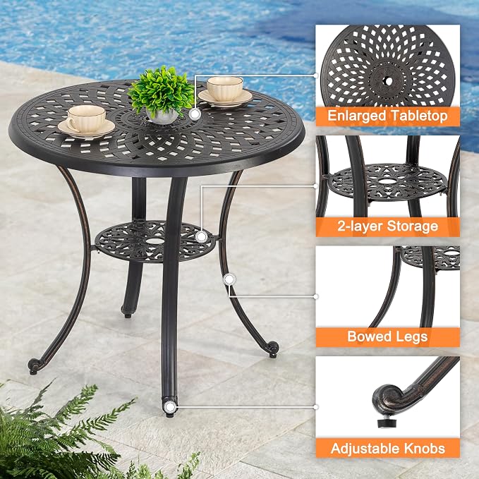 NUU GARDEN 31 Inch Cast Aluminum Patio Bistro Table, Black | Features an umbrella hole, decorative tabletop pattern and durable cast aluminum construction for outdoor use