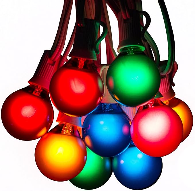 G40 Assorted Satin Pearl Colored String Lights (25 Foot – White Wire) | G40 Assorted 1.6" Bulbs, Outdoor Globe Patio String Lights