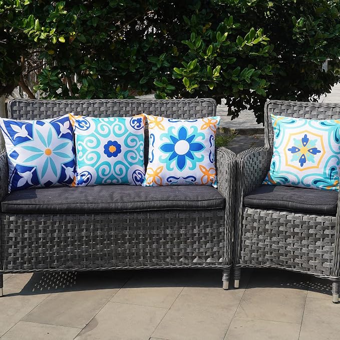 ONWAY Outdoor Boho Pillow Covers Waterproof 18x18 Set of 4 Floral Farmhouse Decorative Outdoor Throw Pillows for Bench Couch Patio Furniture Decorations