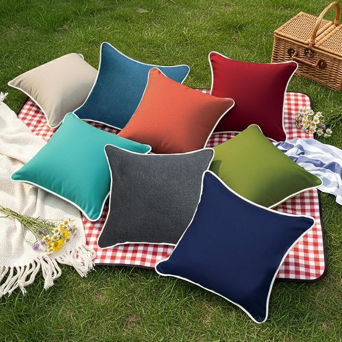 HER HWA Outdoor Throw Pillow Covers White Piping 18"x18" Set of 2, Garden | durable fade-resistant water-resistant 100% polyester white piping smooth zipper machine washable for indoor outdoor décor
