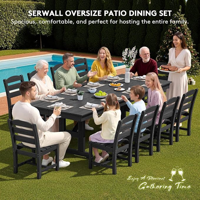 SERWALL 10 Piece Outdoor Dining Set with 15ft Triple-Head Foldable Umbrella(Based not Included), 84" HDPE Outdoor Table and Armless Chairs Set for 8, Black