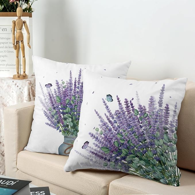 Purple Lavender Pillow Covers 18x18 Set of 2 Modern Art Butterfly Throw Pillow Covers Spring Summer Farmhouse Square Pillowcases for Outdoor Sofa Garden Living Room