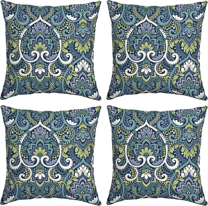 Arden Outdoor Toss Pillow, 4-Pack, 16x16, Blue Damask | Indoor/Outdoor Décor, Set of 4, 16 x 16, Rain-Proof, Fade Resistant, Mold and Mildew Resistant