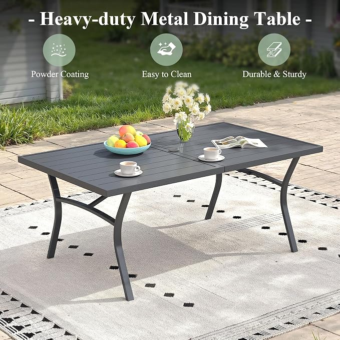 7 Pieces Patio Dining Set, 63" Outdoor Dining Table and Chairs Set for 6 Outdoor Furniture with Stackable Patio Chairs for Lawn Garden Backyard, Dark Grey Table and Grey Chairs