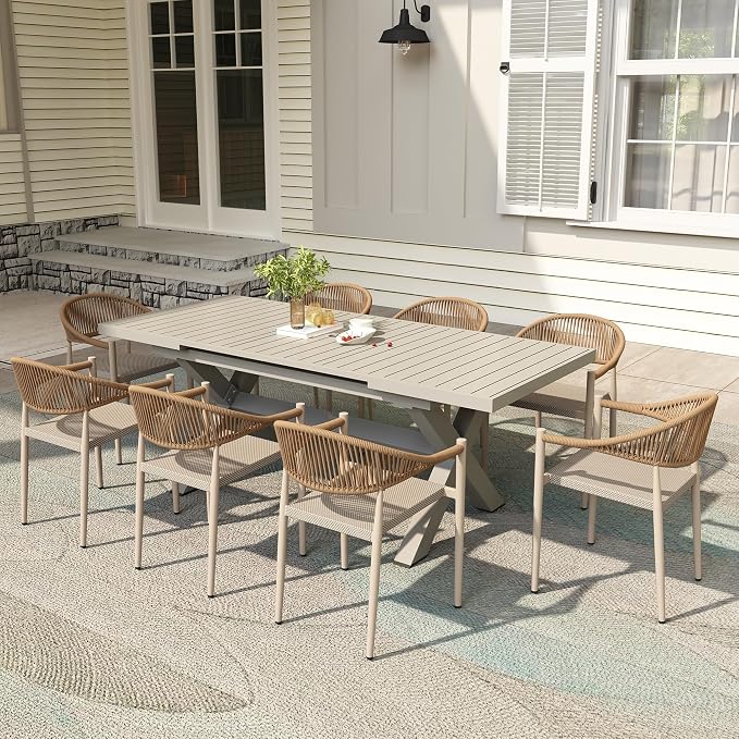 TWT Aluminum Outdoor Dining Table for 8, 62.8" - 82.5" Extendable Patio Dining Table with Umbrella Hole on Top with X-Shaped Frame Easy to Assemble for Backyard Garden Yard Porch Deck, Milk Coffee