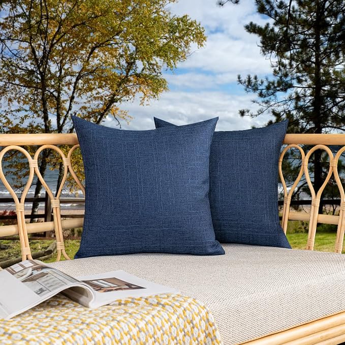 Kevin Textile Outdoor Waterproof 26”x26” Pillow Covers 2 Pack, Blue | Water Resistant, Soft Faux Linen-cotton Yarn-dyed Woven Texture Throw Pillow Covers for Tent Patio Garden Couch Sofa