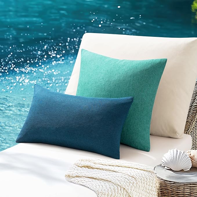 ANRODUO Outdoor Waterproof Pillow Covers for Patio 18x18 Turquoise 2 Pack | Outdoor Pillow Covers for Patio Furniture, Decorative Linen Cushion Sham, Outside Square Pillowcase for Garden Balcony Decor