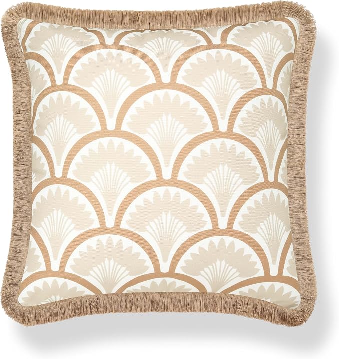 Hofdeco Premium Coastal Hampton Patio Indoor Outdoor Throw Pillow Cover Only, 20"x20" Water Repellent for Backyard, Couch, Poolside, Neutral Tan Print Tropical Ravenala Palm Tree