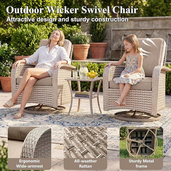 Patio Furniture Set, 10-Piece Outdoor Sectional Sofa with Swivel Rocker Chairs & 2-Layer Glass Coffee Table, Wicker Patio Conversation Set with Khaki Cushions