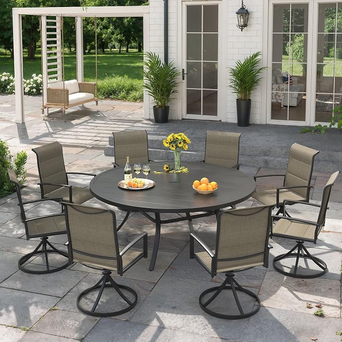 VICLLAX 9 Pieces Outdoor Dining Set, Patio Furniture Set Includes 53" Round Metal Table W/ 1.9" Umbrella Hole and 8 Padded Textilene Swivel Chairs for Porch, Lawn, Garden, Backyard