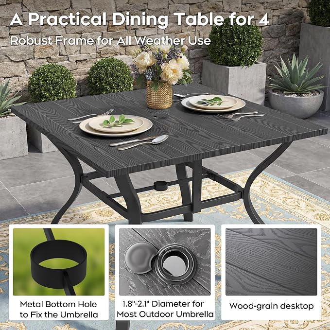 Outdoor Patio Dining Set for 4, 5 Pieces Patio Table and Chairs Set with Umbrella Hole, 37.8"x 37.8" Square Metal Wood-Grain Dining Table Set with 4 Stackable Patio Chairs for Deck , Backyard, Porch