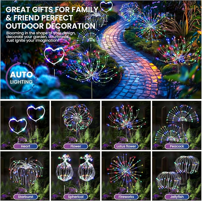 PEVOROS Solar Firework Fairy Garden Lights Outdoor, Colorful, 4 Pack | 120 LEDs, Waterproof, Fairy Garden Decor, Auto On/Off, Solar Powered, for Yard, Patio, Porch, Flower Pot, Pathway