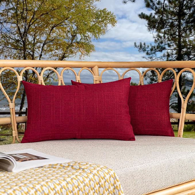Kevin Textile Outdoor Waterproof 12”x20” Lumbar Pillow Covers 2 Pack, Red | Water Resistant, Soft Faux Linen-cotton Yarn-dyed Woven Texture Throw Pillow Covers for Tent Patio Garden Couch Sofa