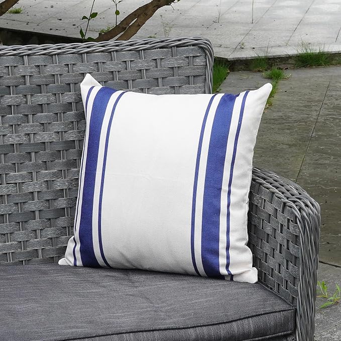 ONWAY Outdoor Pillow Covers Waterproof 18x18 Set of 2 Decorative Linen Throw Pillow Cover Beige and Navy Blue Striped Outdoor Pillows for Patio Furniture