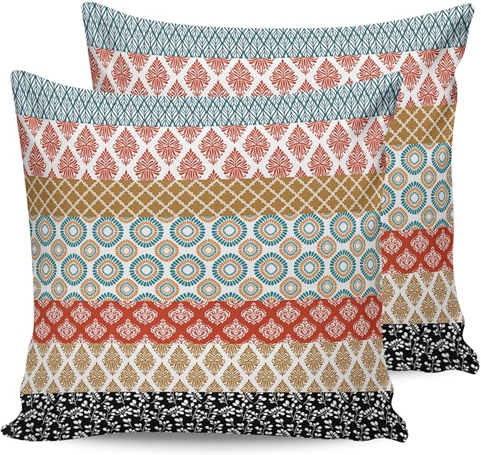 Boho Outdoor Pillow Covers Waterproof, Colorful Striped Ethnic Modern Geometric Abstract Art All Weather Cushion Case Set of 2, Decorative Pillowcases for Sofa Couch Bed Decor Patio Furniture 16"x16"