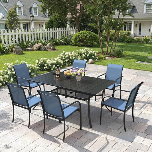 7 Pieces Patio Dining Set, 59" Rectangular Dining Table with Umbrella Hole, 6 Stackable Textilene Fabric Chairs, Metal Structure for Patio, Porch, Garden(Black Table, Blue Chair)